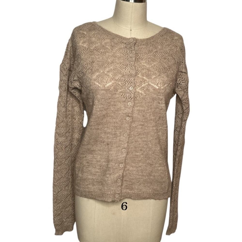 Coupe Collection Beige Wool Blend Open Knit Long Sleeve Cardigan Sweater Size L